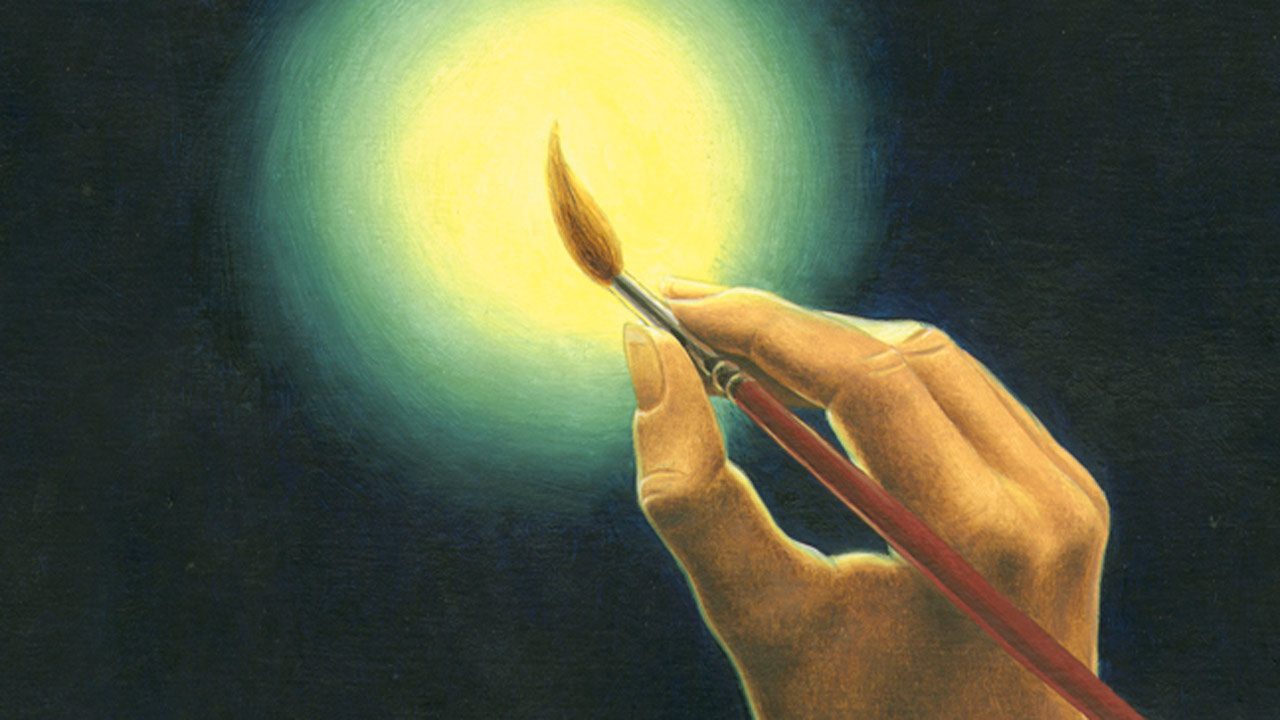 Humanmedia Logo art, hand holding paintbrush with light
