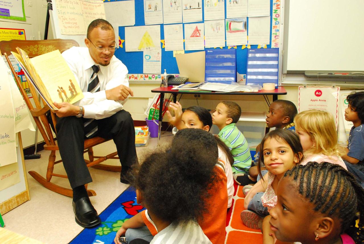 Harold Jones, a paralegal specialist and diversity officer at Navy Medicine Support Command, reads to first-grade students at Timucuan Elementary School as part of a Navy Medicine Support Command-sponsored community service volunteer program at the school. (U.S. Navy photo by Mass Communication Specialist 1st Class Bruce Cummins/Released)